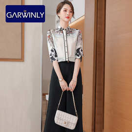 印花衬衫女设计感夏季薄款气质名媛时尚洋气高端百搭雪纺中袖衬衣