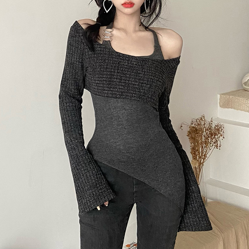 Damen Strickpullover Grau Vintage Harajuku Stil Langarm Shirt_voghion.com