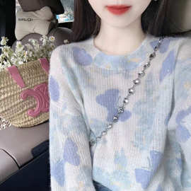 秋季渐变懒慵软糯毛衣女蓝色法式温柔撞色复古百搭高级感宽松上衣