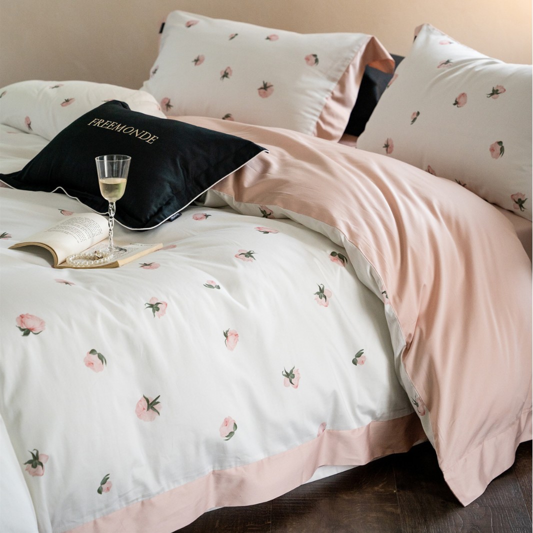 Fresh and Simple Style Cream Rose Digital Print Ultra-Soft Bedding Set Pure Cotton Long-Staple Cotton Four-Piece Home Textile Set