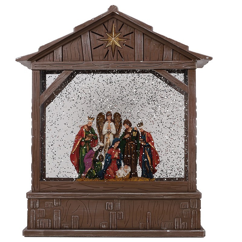 Navidad pesebre casa plana luz de agua regalo de micro paisaje decoración religiosa caja de música decoración de atmósfera de nieve automática