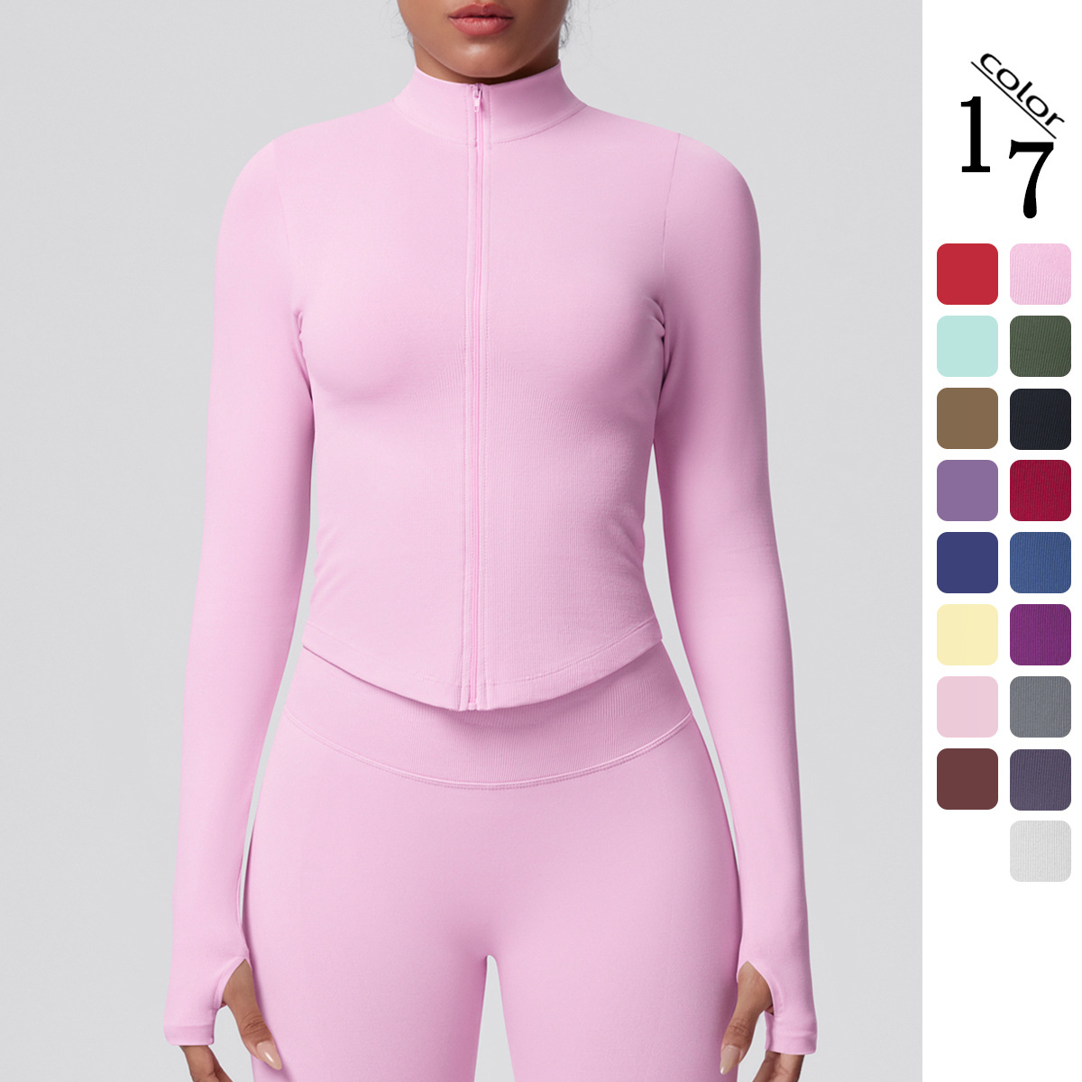 Cross-border sin costuras color sólido apertado elástico transpirable de cuello vertical chaqueta con cremallera deportiva running fitness chaqueta de yoga para mujeres
