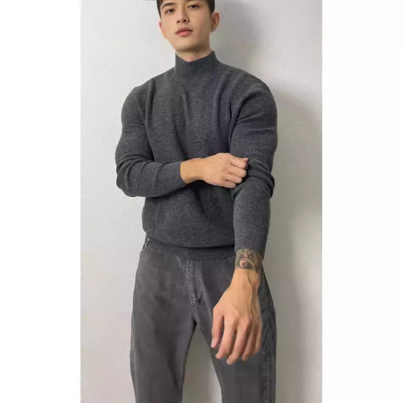 European Half-high Collar Core-spun Yarn Sweater Muscle Men Tough Guy Slim-fit Long-sleeved Sweater Mid-collar Base Sweater Trendy European Half-high Collar Core-spun Yarn Sweater Muscle Men Tough Guy Slim-fit Long-sleeved Sweater Mid-collar Base Sweater Trendy