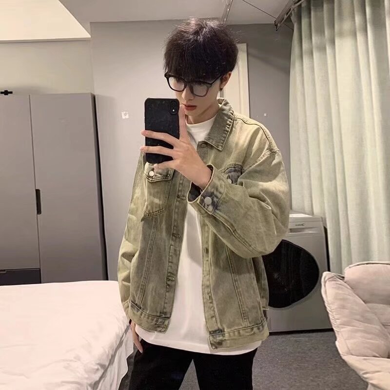 Cross-Border American Retro Yellow Mud-Colored Denim Jacket for Men with a Trendy Loose Fit and Multiple Pockets for Young Men