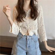 新款防晒开衫薄款女夏季V领外搭宽松镂空针织衫上衣罩衫