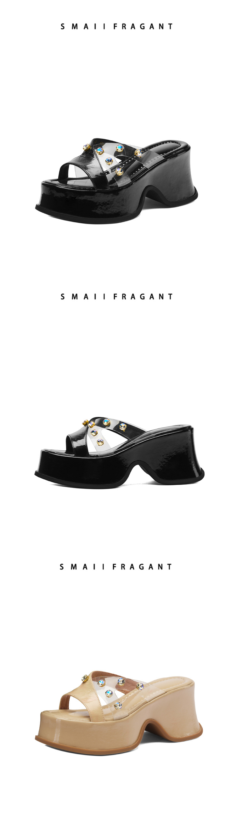 Sandal cao gót nữ đính đá trong suốt quai ngang gót 9cm đế xuồng — Màu đen, Màu trắng be, Màu mơ chi tiết 14