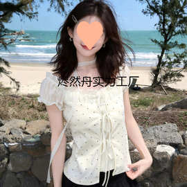 法式假两件白色波点拼接衬衫女夏季漂亮衬衣系带显瘦独特上衣