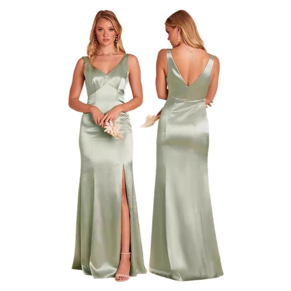 El nuevo vestido de dama de honor simple, el vestido de diseño colgante, generalmente puede usar un vestido de grupo hermano delgado verde de nicho, verano