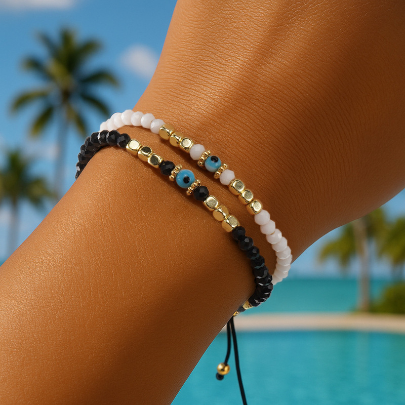 Cross-Border European and American Devil's Eye Couple Bracelet Black and White Crystal Braided Beaded Easiest for Match Bracelet 2-Piece Set