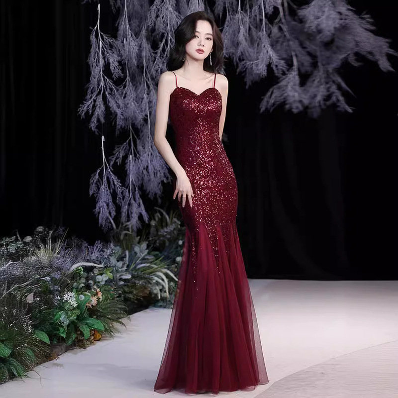 Banquet Evening Dress for Women 2025 New Style Light Luxury Niche Sexy Strapless Mermaid Bridal Toast Dress for Foreign Trade Cross-Border