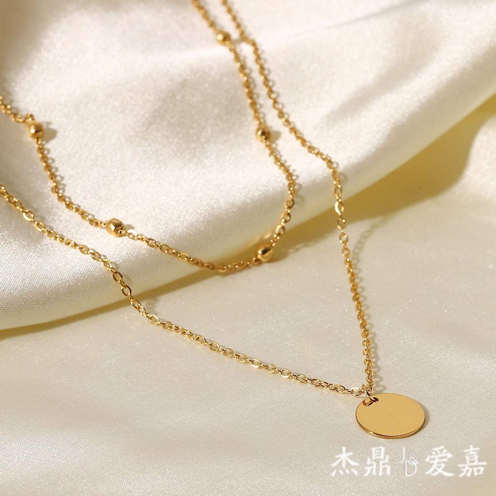 18K chapado en oro de doble capa colgante de acero inoxidable collar de cuentas de disco de cadena colgante de cuello cadena de las mujeres collar de moda del todo fósforo