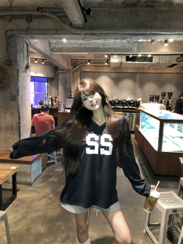 kumikumi美式辣妹复古印花V领长袖T恤女秋季宽松显瘦百搭减龄上衣|undefined