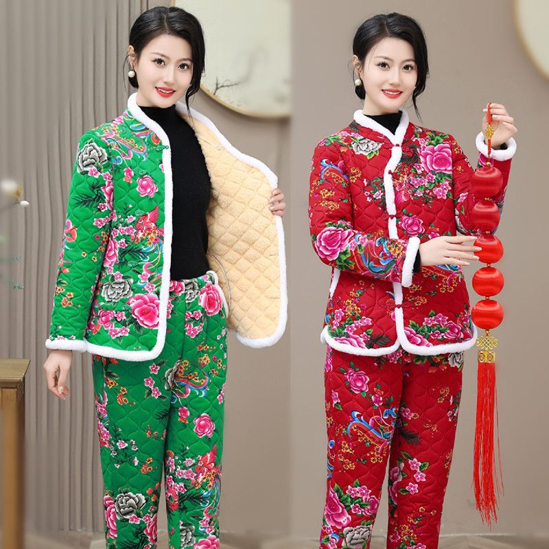 中老年棉衣棉裤套装女冬季网红东北新妈妈家居服大花棉袄加绒外套