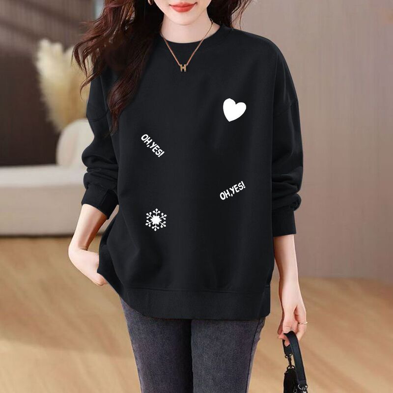 Plus Size 100kg Loose Long-Sleeve Fleece Sweatshirt for Women, Autumn and Winter Versatile Slimming Top for Chubby Moms