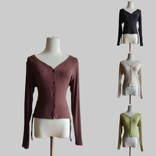 Lulu's Same Style French V Neck Drawstring Short Bottoming Shirt Top for Women Early Autumn Tight Ribbed Knitted Yoga Cardigan