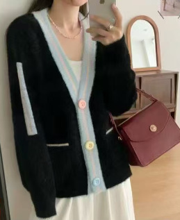秋冬时尚撞色条纹棒球领拉链开衫毛衣女时尚通勤长袖针织衫外套|undefined