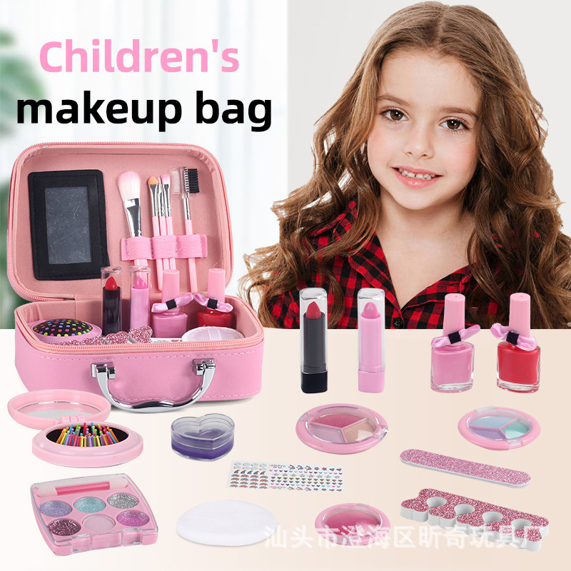 跨境儿童化妆品玩具公主彩妆盒女孩过家家化妆口红眼影手提包套装|ru