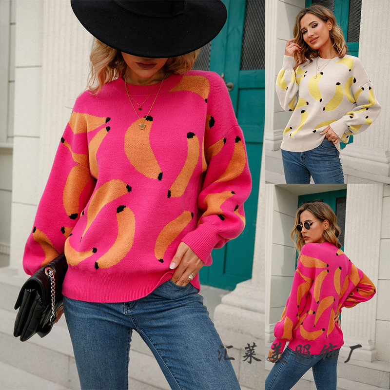 2022 Autumn and Winter New Internet Celebrity INS European and American Foreign Trade Banana Sweater Pullover Large Size Sweater Crewneck Sweater for Women