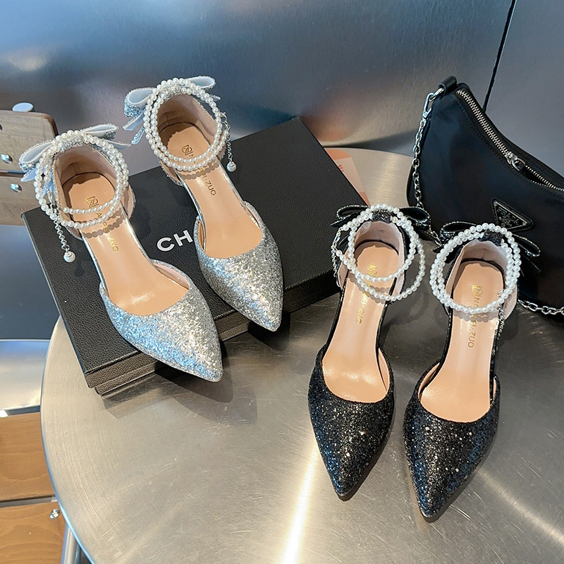 Silver High-Heeled Wedding Shoes for Women with Stiletto Heels 2025 New Pointed Toe Rhinestone Bow Two-Wear Beaded Chain Shoes Silver High-Heeled Wedding Shoes for Women with Stiletto Heels 2025 New Pointed Toe Rhinestone Bow Two-Wear Beaded Chain Shoes