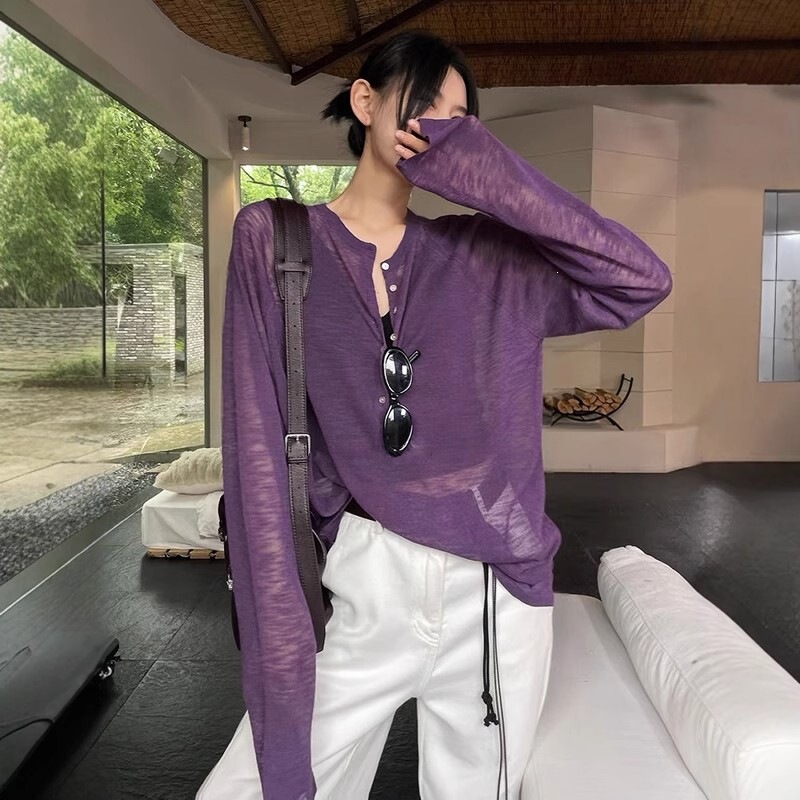 Purple Henley Collar Tencel Long-Sleeve Regular Shoulder T-Shirt for Women, Summer Loose Lazy Style, Sun-Protective Slightly Sheer Cover-Up Top, Thin