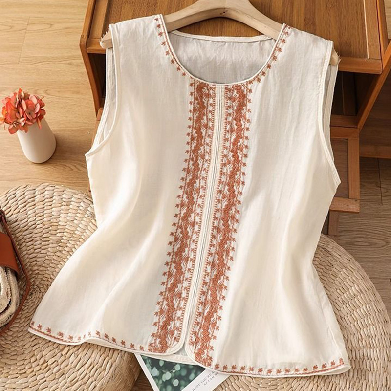 2026 Summer New Dopamine Style Sleeveless Top Cotton Linen Camisole Solid Color Embroidery Artistic Versatile Women's Wear