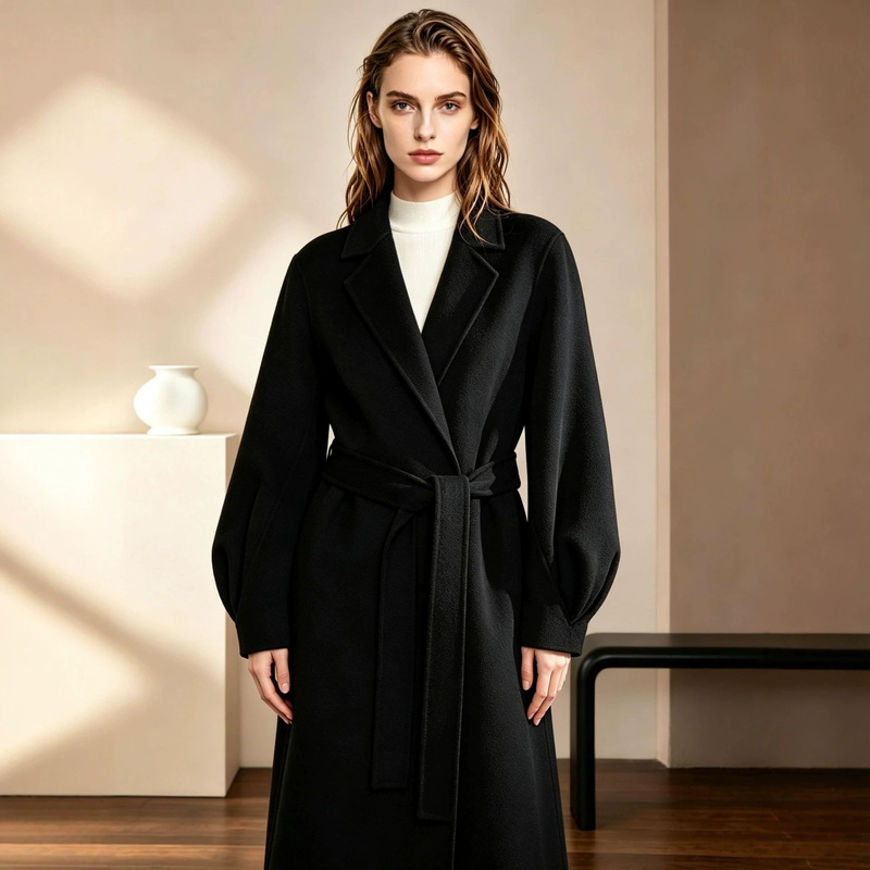 26 Autumn/Winter New Double-Sided Wool Pleated Puff Sleeve Flared Hem Waist-Cinching Elegant Coat for Women 22153
