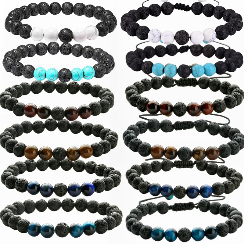 Amazon Venta caliente 8mm Tigre ojo piedra volcánica pulsera energía lava piedra tejida pulsera de pareja ajustable
