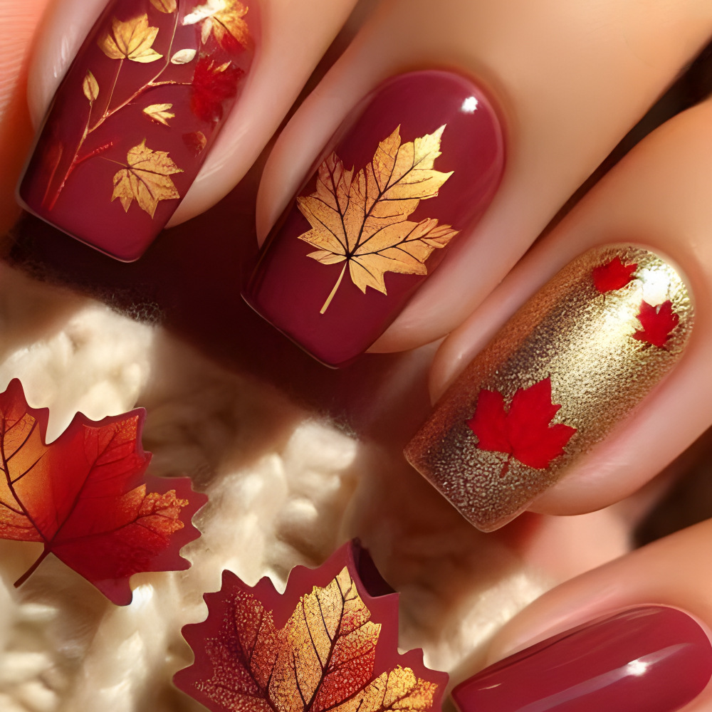 Glossy demi-season maple leaf for manicure, golden nail stickers, set, retro fake nails, European style, 24 pieces