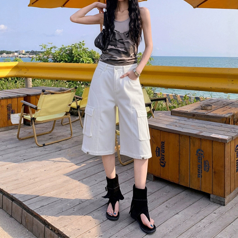 White Denim Shorts for Girls, Summer 2026 New High-Waisted Loose Wide-Leg Mid-Length Shorts for Petite Women