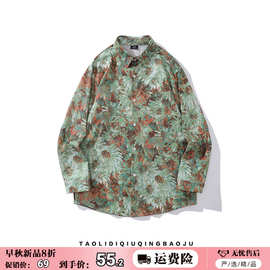 一件代发复古油画风花卉满印长袖衬衫男女潮宽松休闲百搭衬衣外套