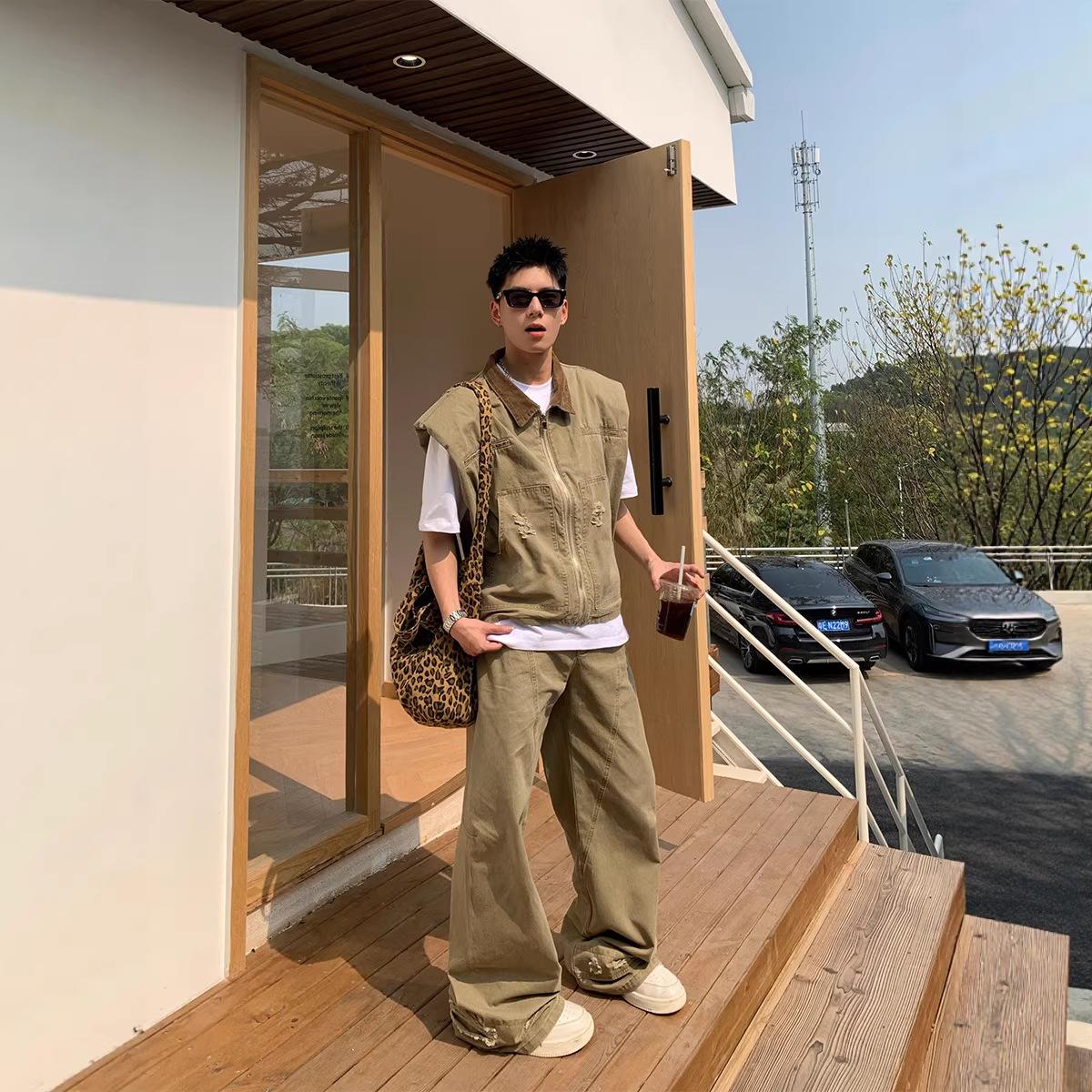 American trendy retro denim jacket for men, new summer style, oversized design, vest, loose pants set