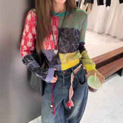 设计感彩绘撞色拼接长袖针织衫女款2025早秋宽松显瘦短款毛衣上衣