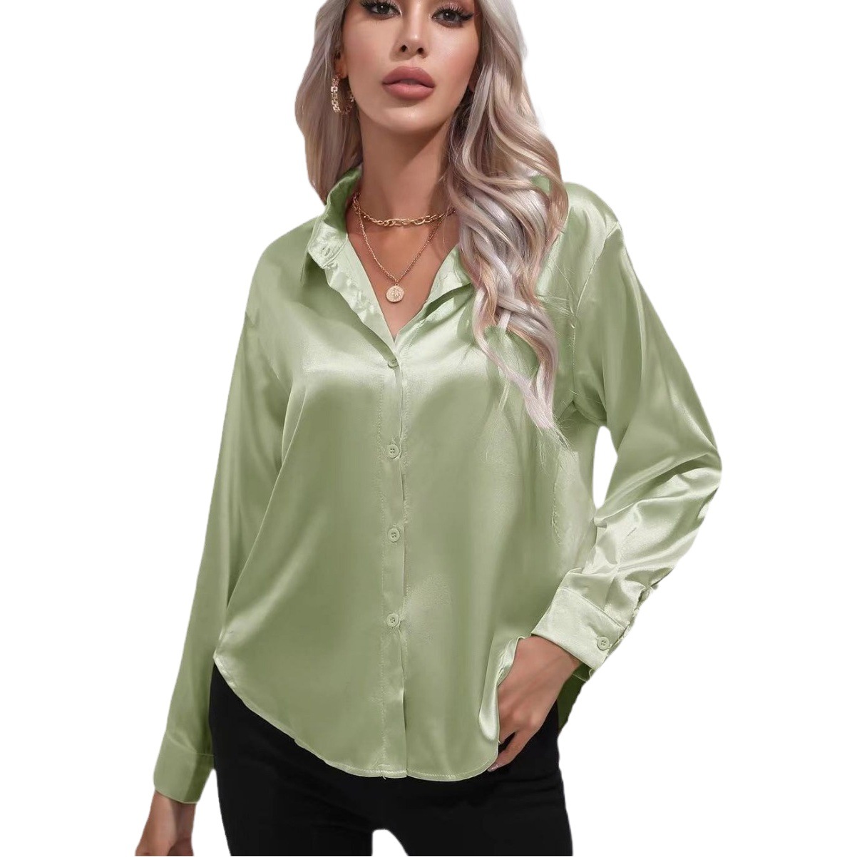 Camisa de satén para mujer, manga larga de seda de imitación de satén, blusa de color sólido explosiva de Amazon, camisa de solapa delantera con botones elegantes