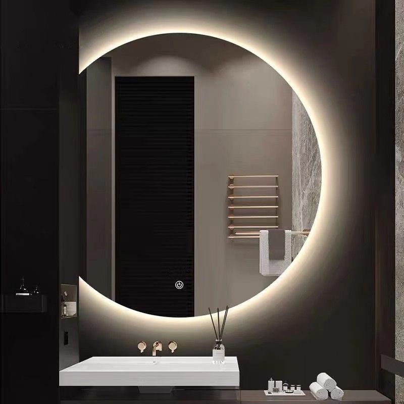 Half-Cut Round Bathroom Mirror Smart Bathroom Led Touch Screen Wall-Mounted Scandinavian Bathroom Mirror Simple Round Mirror