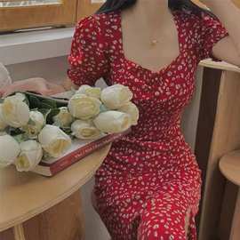 复古雪纺法式浪漫红色碎花泡泡袖收腰V领开叉连衣裙港味仙女长裙