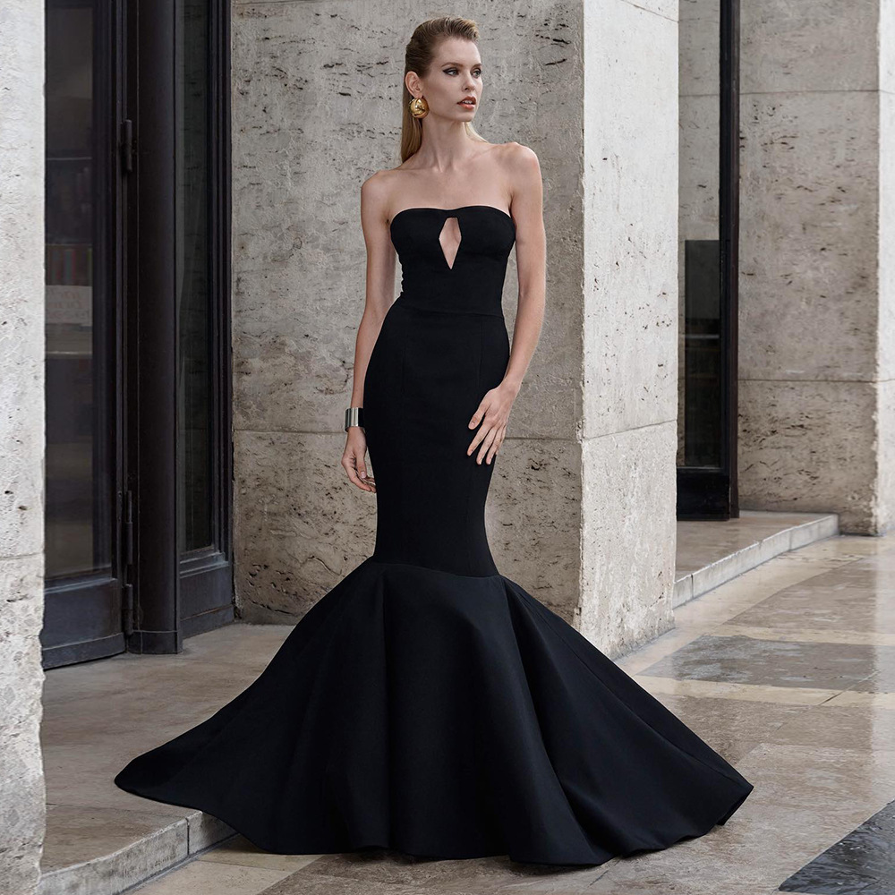 Cross-Border Popular Summer New Black Dress Women's Dress European and American Tube Top Style Hollow Slim Fishtail Skirt