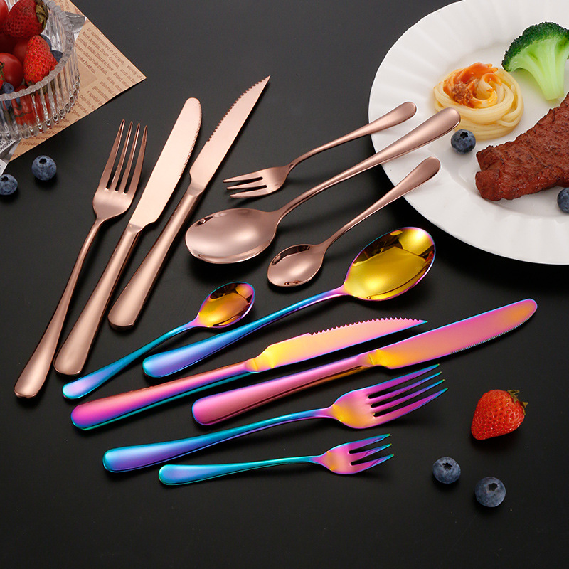 Amazon engrosada vajilla de acero inoxidable traje de postre cuchara Tenedor de titanio cuchillo de filete occidental, tenedor y cuchara seis componentes