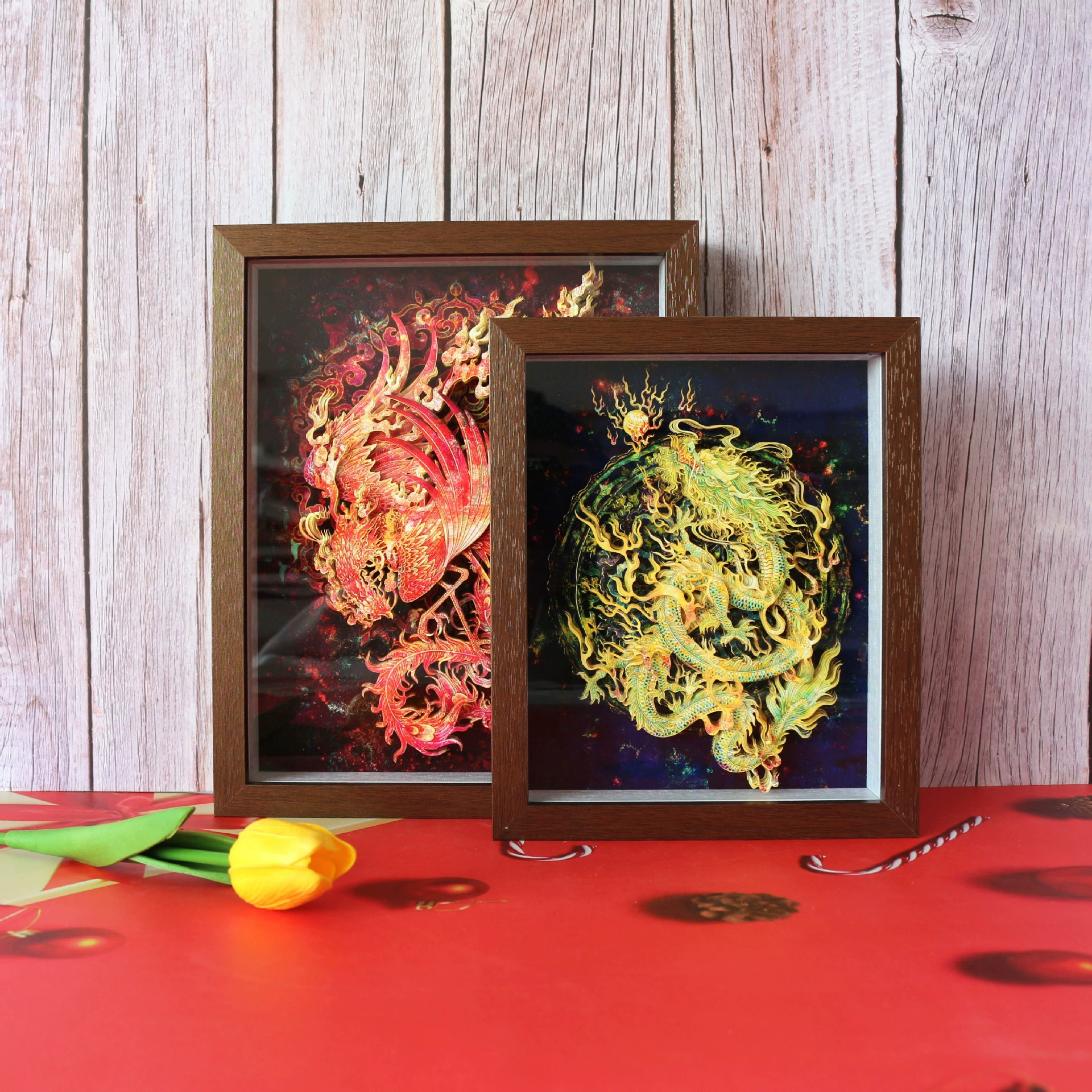 Китайский стиль Зеленый Дракон и Красная Птица духи зверя настольная декоративная живопись для подарков на открытие, уникальных украшений и поделок нематериального культурного наследия.