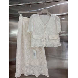 气质时尚小香风套装女2024夏季韩版新款V领蕾丝上衣半身裙两件套