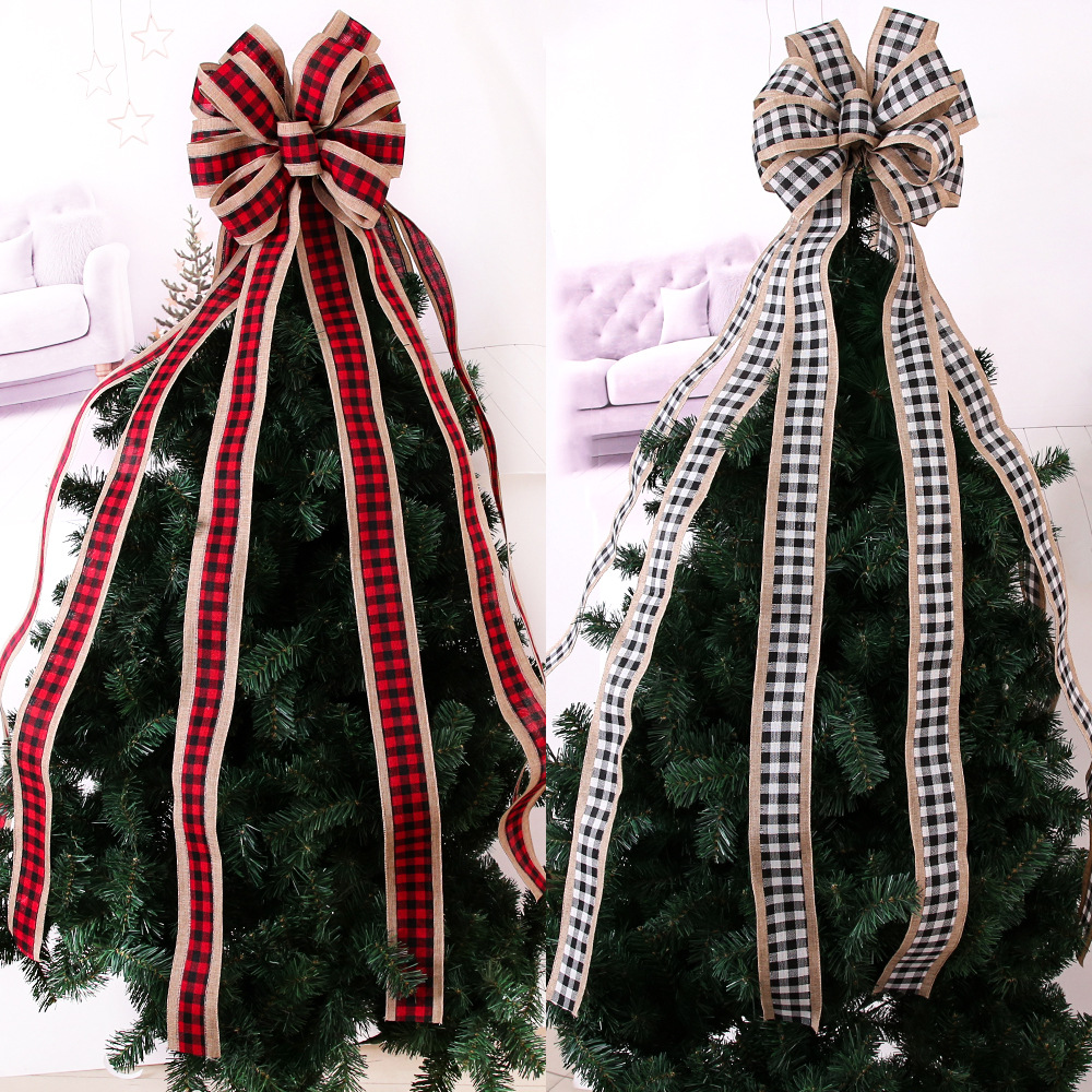 Cross-border Christmas decorations Large 120CM red and black checkered bow Christmas tree top decoration