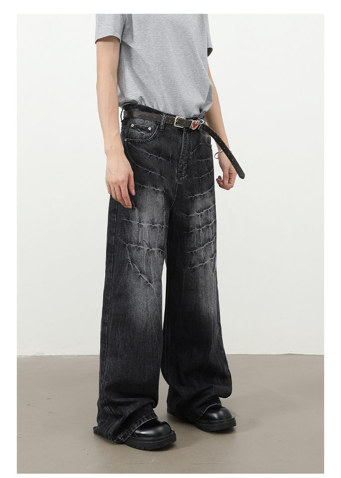 Quần jeans nam dáng rộng ống thẳng họa tiết sét chất liệu washed phong cách đường phố — màu xanh, màu xám đen chi tiết 6
