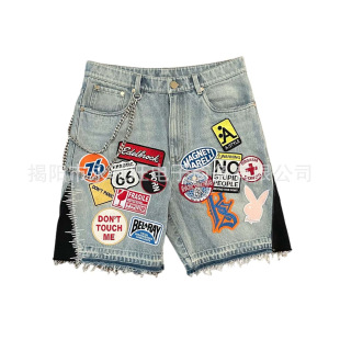 Loose Metal Decoration Men's and Women's Spring and Summer New Hip-hop Distinctive Street Retro Embroidered Patch Denim Shorts