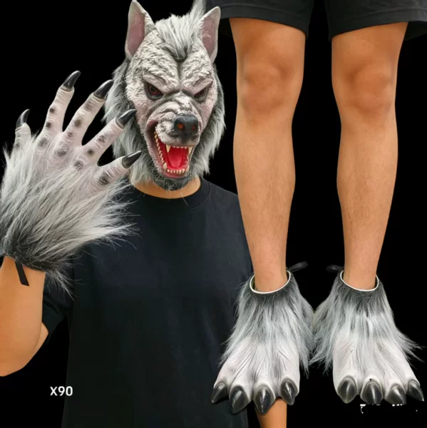 Halloween Werewolf Mask Set, Scary Wolf Head Gloves and Foot Covers, Cosplay Props, Adult Party Costume