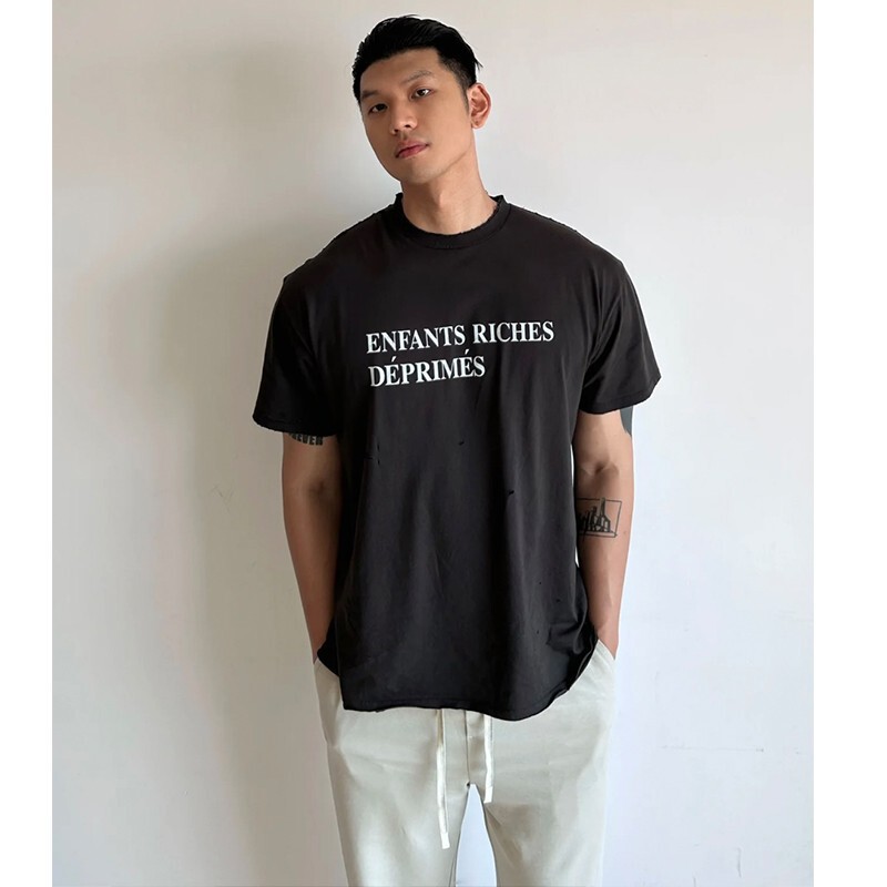 Erd 24Ss Melancholic Rich Second Generation Washed Old Destroyed Slogan Round Neck Trendy Ins Letter Niche Short-Sleeved T-Shirt Erd 24Ss Melancholic Rich Second Generation Washed Old Destroyed Slogan Round Neck Trendy Ins Letter Niche Short-Sleeved T-Shirt