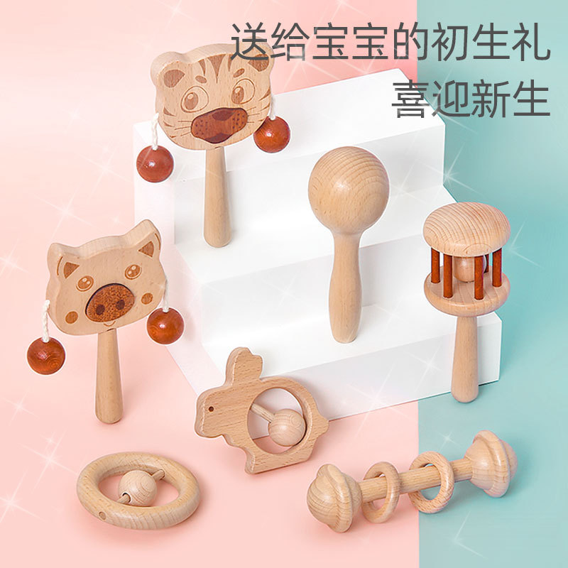 Set of Wooden Rattles and Shakers for Infants and Toddlers, Suitable for Newborn Boys and Girls, 0-6 Months Old, Birthday Gift Toys