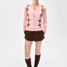 菱形格莱赛尔绵羊毛亲肤柔软保暖针织毛衣开衫上衣女