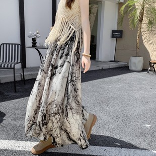 Model Real Shot Spring and Summer Fashion All-Match Vintage Ink Print Large Swing A- Line Skirt Trendy Women's Long Skirt