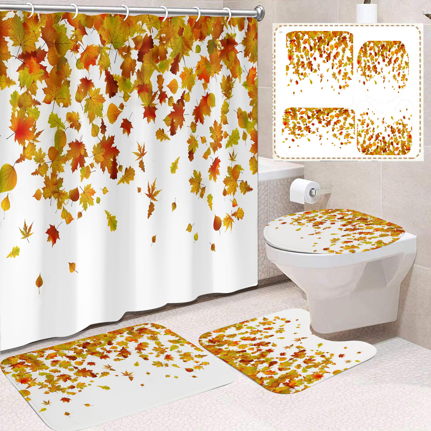 Cortina de ducha de Acción de Gracias, cosecha de otoño, serie de calabaza, cortina de ducha, cortina de baño, cortina de baño impermeable de poliéster, cortina de baño de cuatro piezas image 54