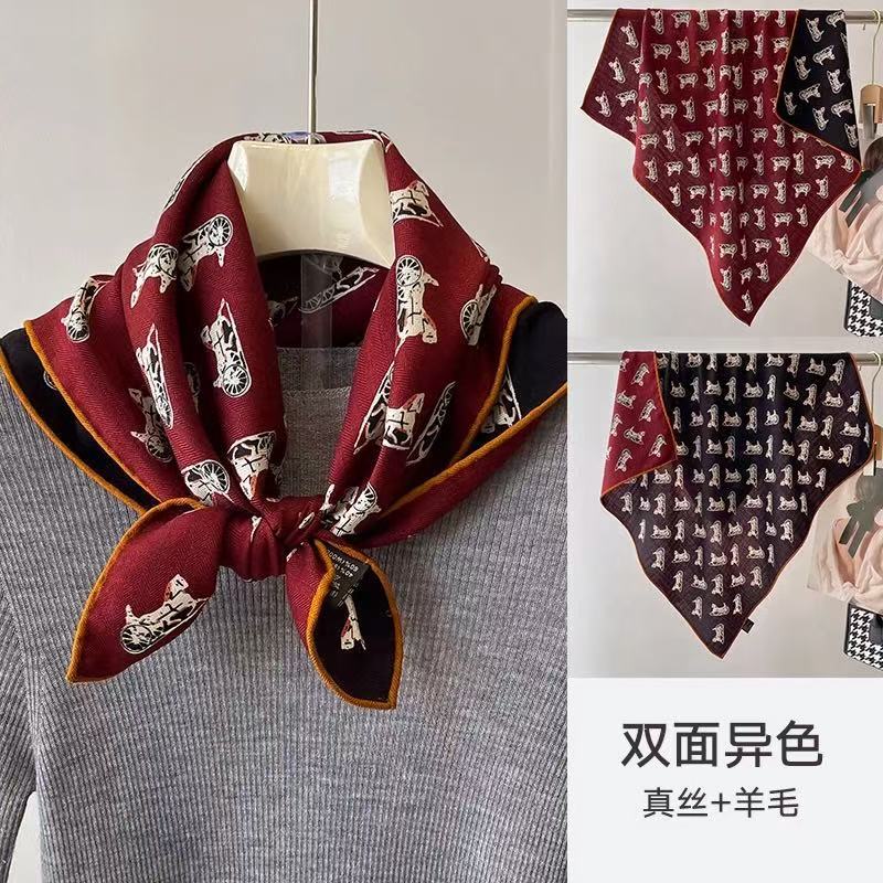 New French Vintage Silk Wool Square Scarf Autumn Winter Stylish Double-Sided Two-Tone Silk Wool Scarf For Women - Thumbnail 8
