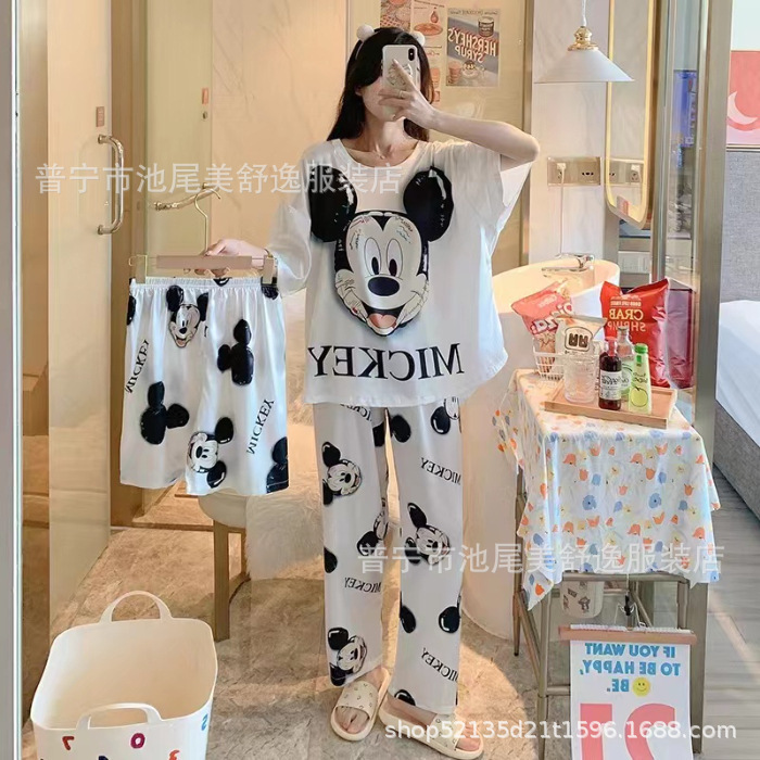 Pajamasクロスボーダー外国貿易工場卸売パジャマ女性半袖ショートパンツ長ズボン三点セット漫画ホームスーツ|undefined